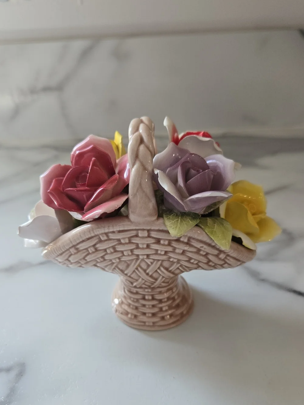 vintage Japanese porcelain floral basket figurine hand-formed 3D Roses